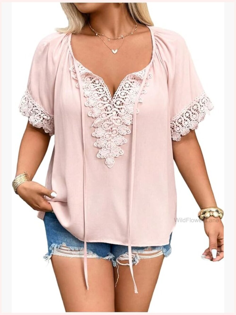 Plus Size Lace V Neck Blouse Short Sleeve Bow Tie Front Casual Summer Top - Picture 1 of 5
